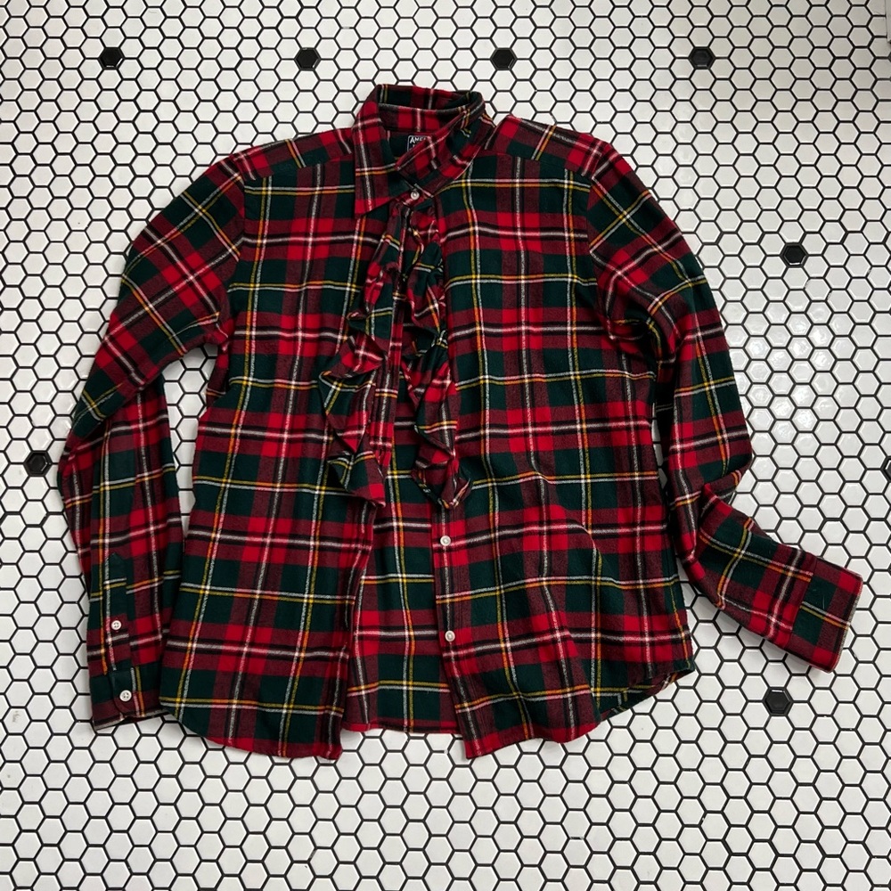 American living holiday colors button up flannel ruffle front shirt medium
